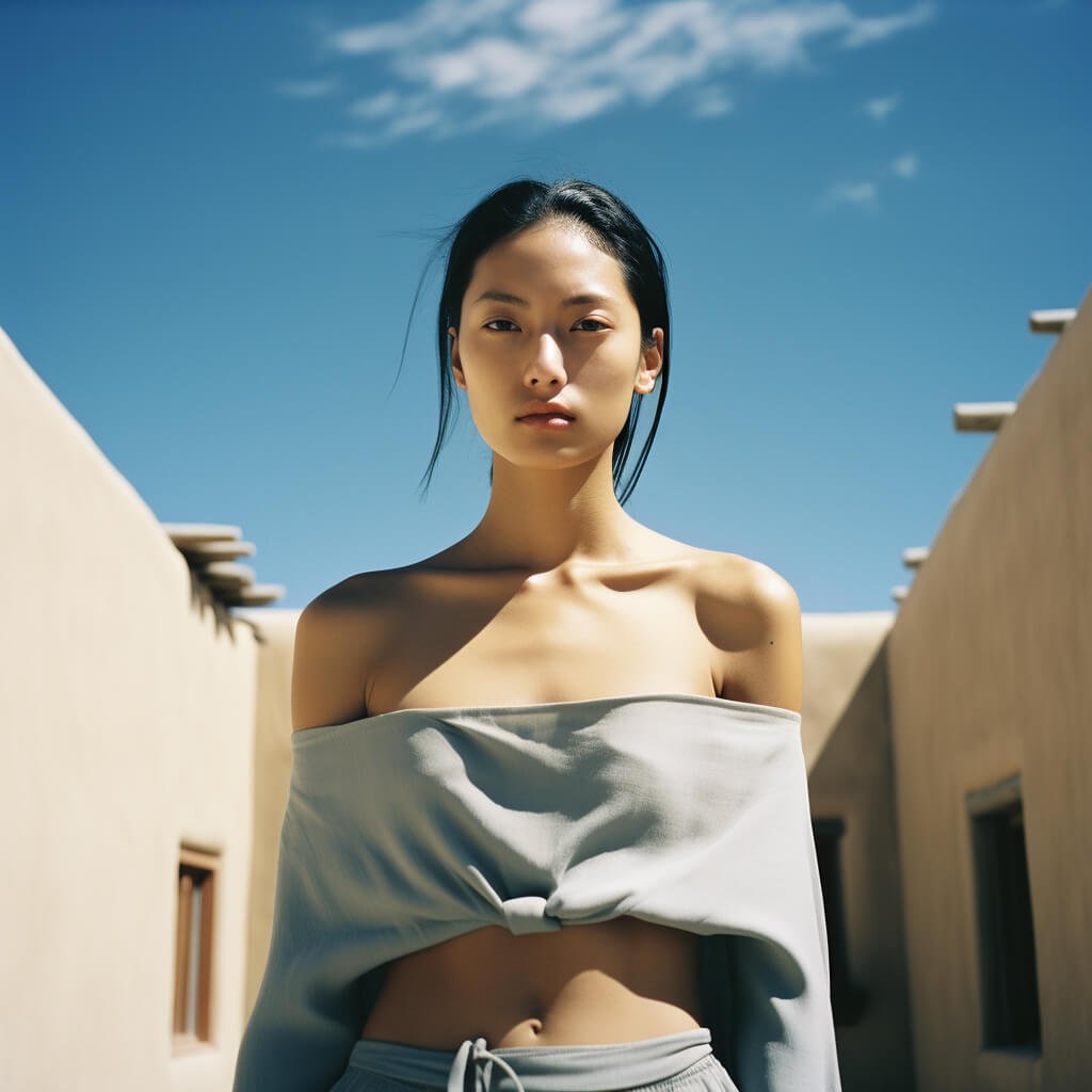 Serene-East-Asian-Woman-with-Pastel-Blue-Top-Against-Adobe-Architecture-and-Blue-Sky Serene-East-Asian-Woman-with-Pastel-Blue-Top-Against-Adobe-Architecture-and-Blue-Sky